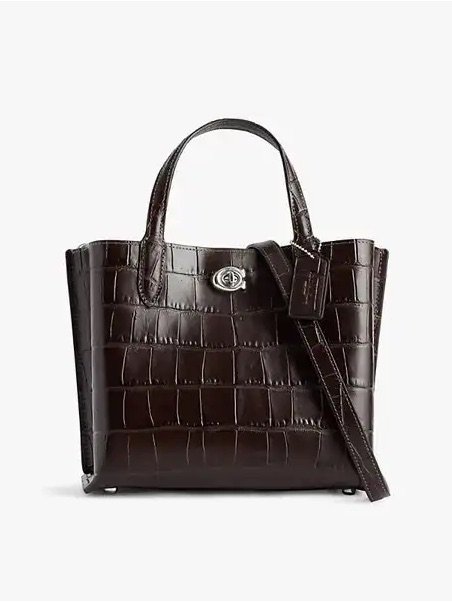 Dark Brown Croc-Embossed Leather Coach Small Tote Bag